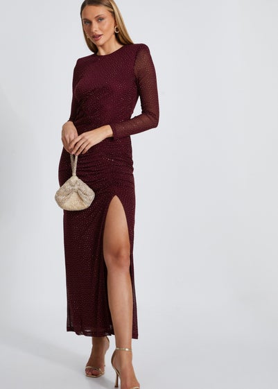 Quiz Burgundy Mesh Diamante Midaxi Dress