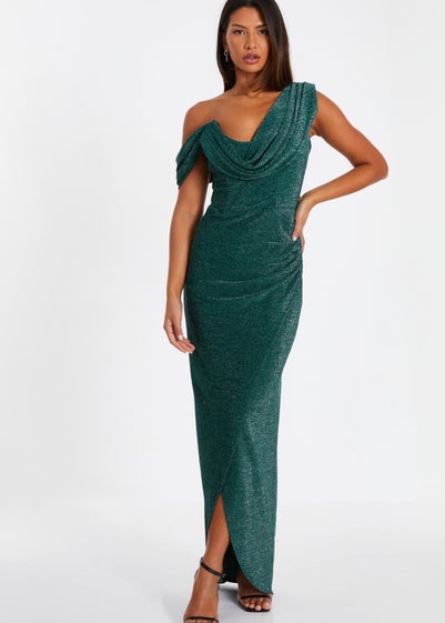 Quiz Green Shimmer Asymmetric Cowl Neck Maxi Dress