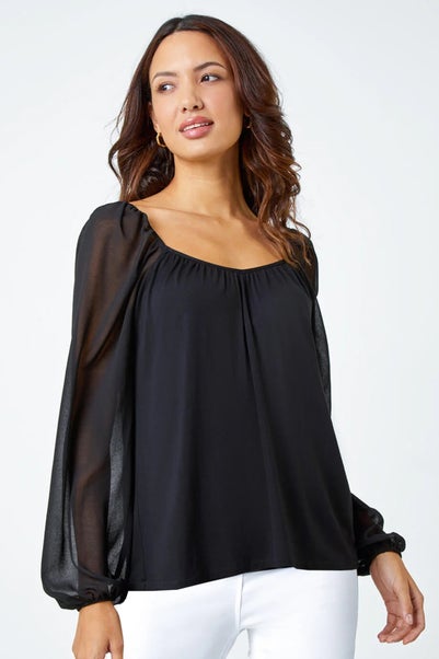 Roman Black Contrast Chiffon Sleeve Stretch Top