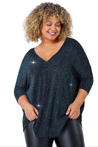 Roman Teal  Curve Back Bar Glitter V-Neck Stretch Top