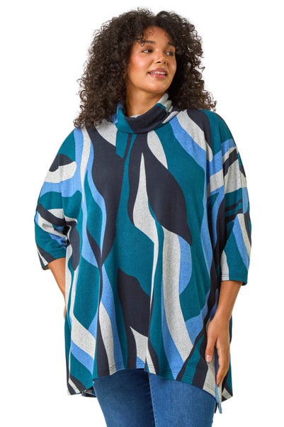 Roman Blue Curve Wave Print Roll Neck Top