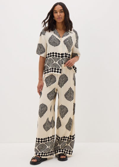 Cream Printed Boarder Wide Leg Trousers