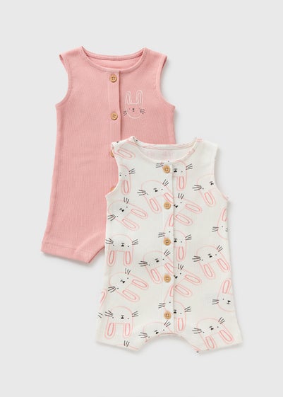 2 Pack Baby Pink Bunny Ribbed Rompers (Newborn-18mths)