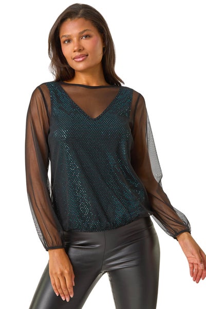 Roman Teal Mesh Overlay Sparkle Top