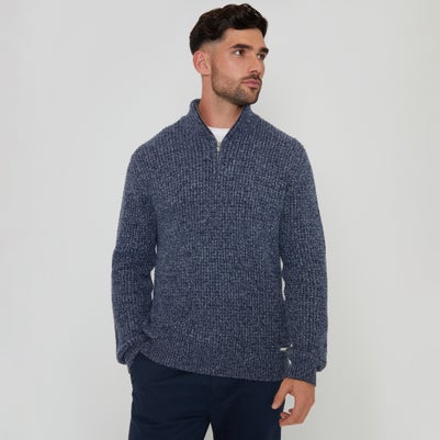 Threadbare Blue Waffle Knit Quarter Zip Jumper