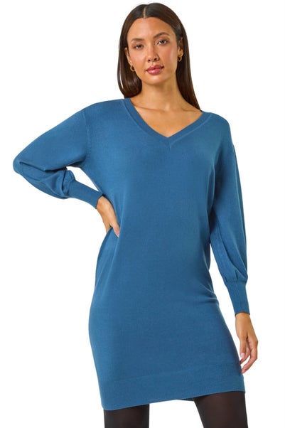 Roman Teal Blue V-Neck Knit Jumper Dress