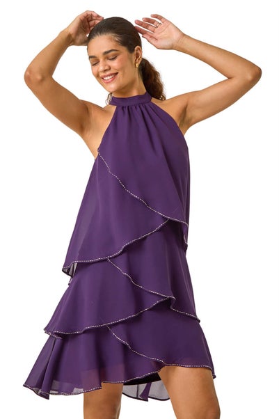 Roman Plum Sequin Trim Halterneck Dress