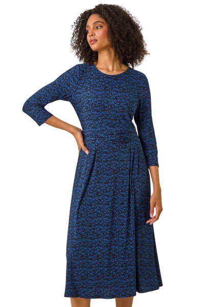 Roman Blue Abstract Stretch Ruched Dress