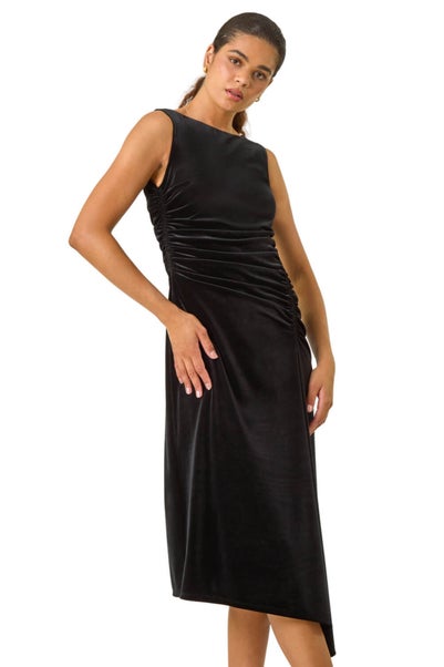 Roman Black Velvet Side Ruched Stretch Midi Dress