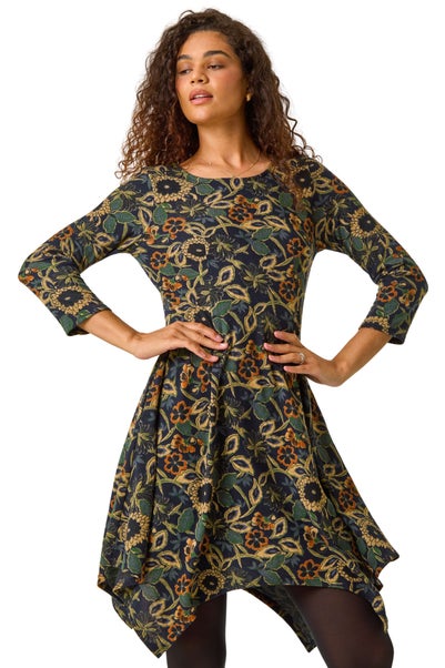 Roman Green Floral Print Hanky Hem Stretch Dress