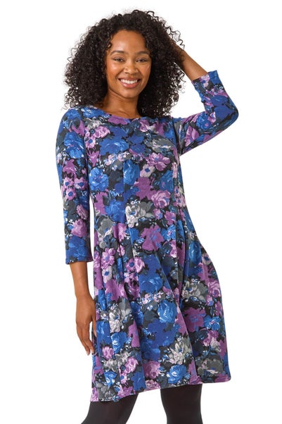 Roman Purple Petite Floral Print A-Line Stretch Dress