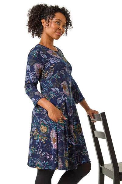 Roman Navy Petite Floral Print A-Line Stretch Dress