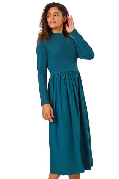 Roman Dark Green Cotton Stretch Jersey Mix Midi Dress