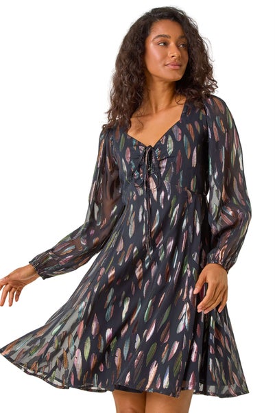 Dusk Black Foil Print Tie Front Fit & Flare Dress