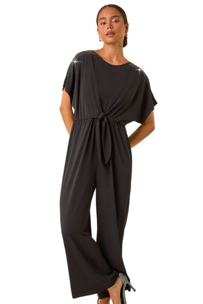 Roman Black Petite Hotfix Shoulder Jumpsuit