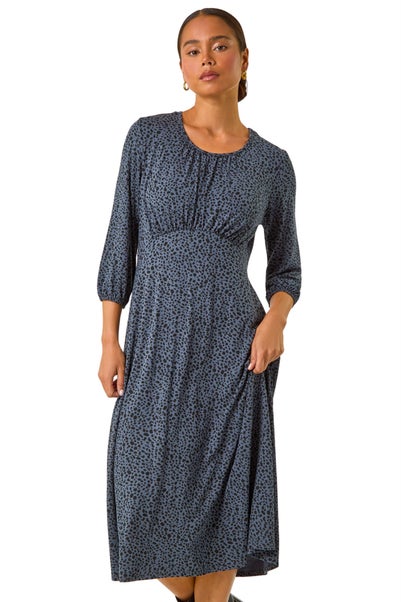 Roman Dark Grey Petite Spot Print Ruched Midi Dress