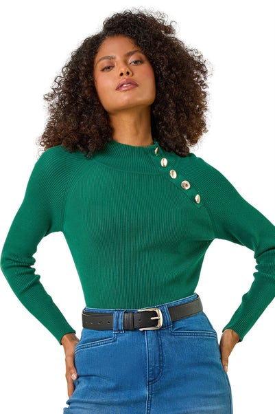 Dusk Green High Neck Button Shoulder Jumper