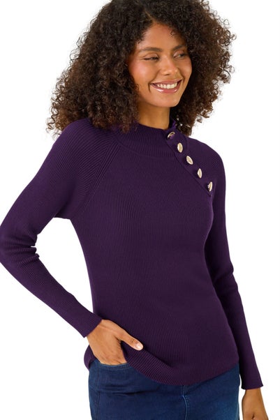 Dusk Purple High Neck Button Shoulder Jumper