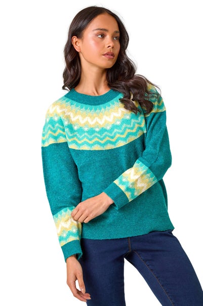 Roman Teal Petite Fairisle Detail Knit Jumper