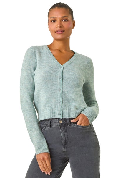 Roman Sage Shimmer V-Neck Ribbed Cardigan