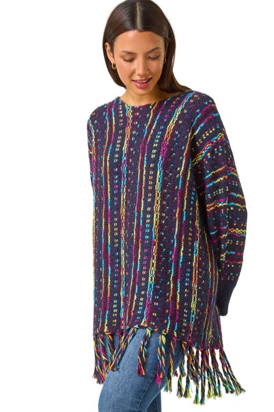 Roman Midnight Blue Fringe Hem Knit Longline Jumper