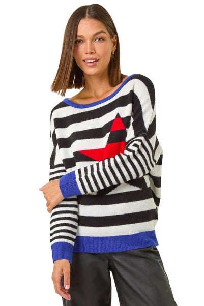 Roman Black Star Striped Colour Block Knit Jumper