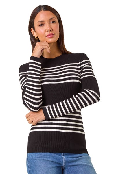 Roman Black Stripe Ribbed Crew Jumper