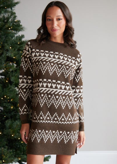 Threadbare Chocolate Scrooge Fairisle Jumper Dress