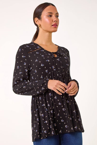 Roman Black Ditsy Floral Print Ladder Trim Top