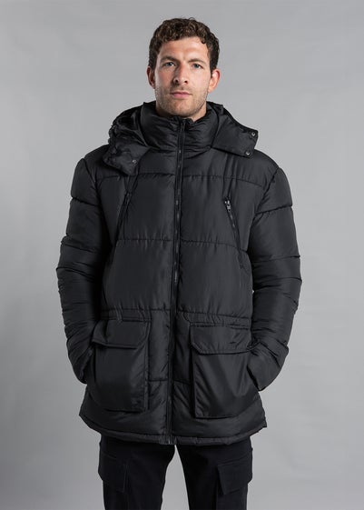 French Connection Black Hooded Padded Parka Longline Jacket