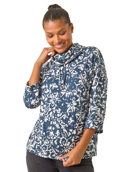 Roman Navy Floral Printed Roll Neck Top