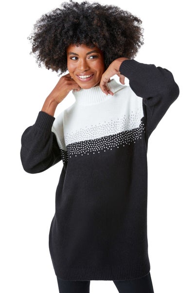 Roman Black Colourblock Embellished Longline Jumper