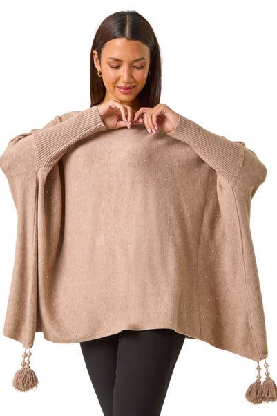 Roman Beige Sparkle Embellished Tassel Poncho