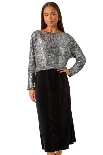 Roman Black Petite Constrast Sequin Velvet Dress