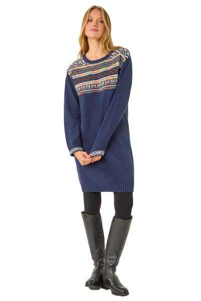 Roman Navy Nordic Pattern Knitted Shift Dress