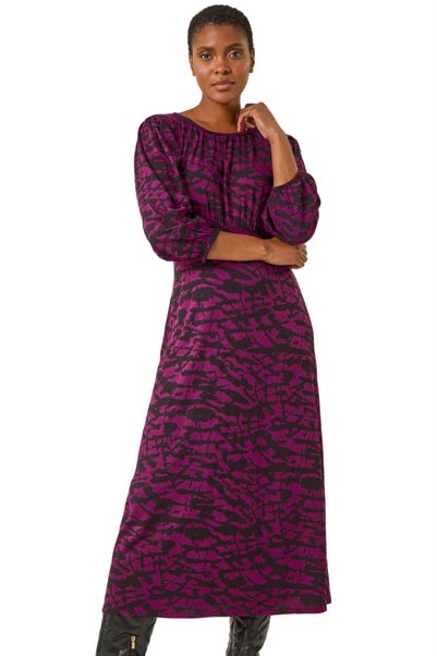 Roman Purple Abstract Print Gathered Stretch Midi Dress