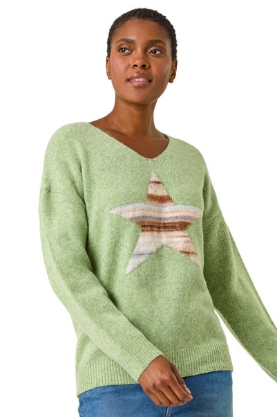 Roman Soft Green Soft V-Neck Star Jumper