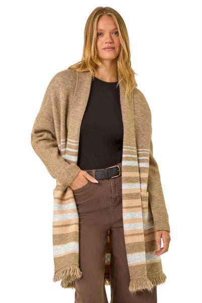 Roman Natural Stripe Print Knit Longline Cardigan