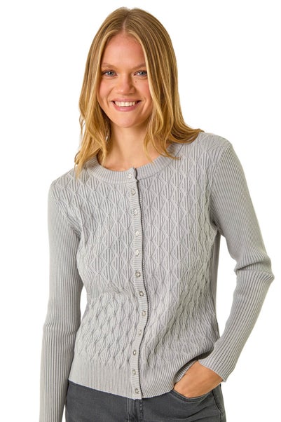 Roman Silver Textured Button Front Knit Cardigan