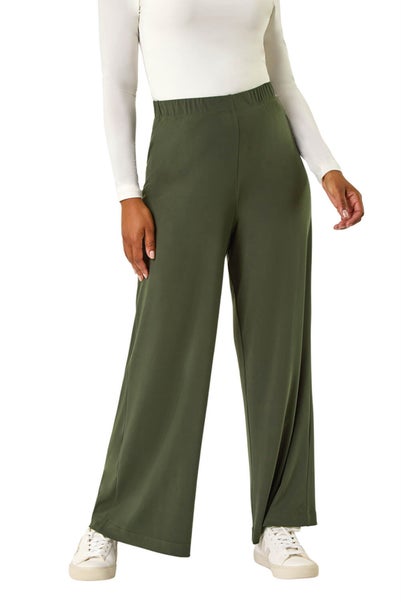 Roman Khaki Petite Elastic Waist Wide Leg Stretch Trouser