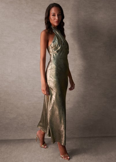 Blue Vanilla Gold Luxe Twist Front Halter Neck Midi Dress