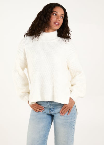 Blue Vanilla Ivory Textured High Neck Jumper