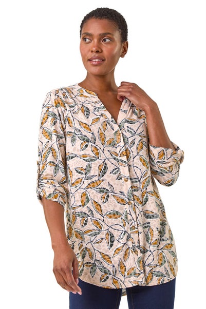 Roman Natural Button Detail Leaf Print Blouse