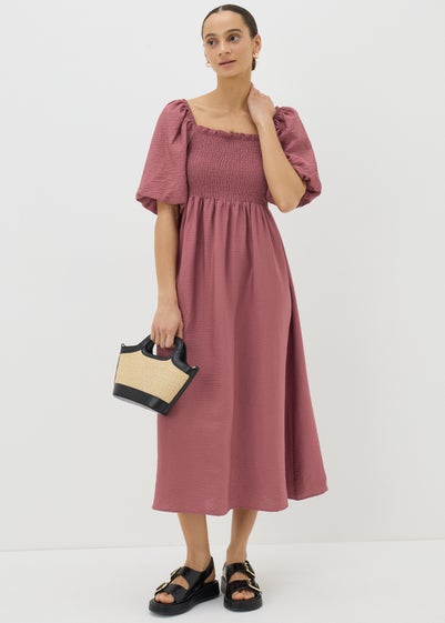 Pink Shirred Puff Sleeve Midi Dress