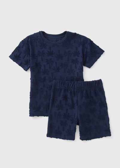 Boys Navy Palm Tree Towelling Top & Shorts Set (1-7ys)