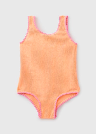 Girls Orange Crinkle Contrast Swimsuit (1-7yrs)