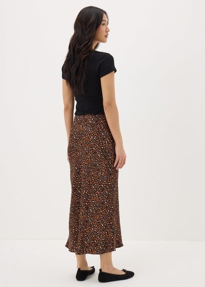 Brown Animal Print Satin Midaxi Slip Skirt