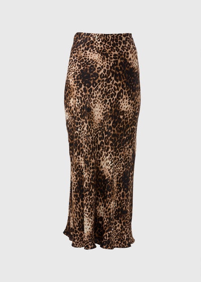 Brown Leopard Print Satin Midaxi Slip Skirt