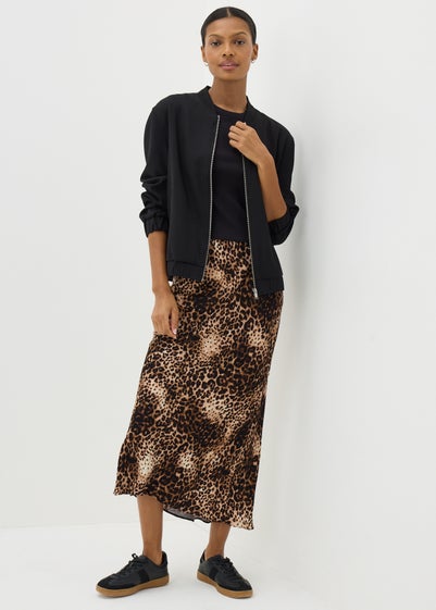 Brown Leopard Print Satin Midaxi Slip Skirt