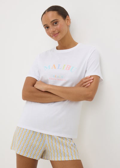White Malibu Stripe Shorts & T-Shirt Pyjama Set